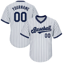 Load image into Gallery viewer, Custom White Navy Pinstripe Navy-Gray Authentic Throwback Rib-Knit Baseball Jersey Shirt
