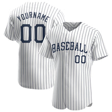Load image into Gallery viewer, Custom White Navy Pinstripe Navy Authentic Baseball Jersey

