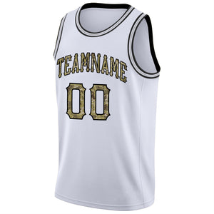 Custom White Camo-Black Round Neck Rib-Knit Basketball Jersey