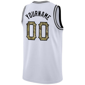 Custom White Camo-Black Round Neck Rib-Knit Basketball Jersey