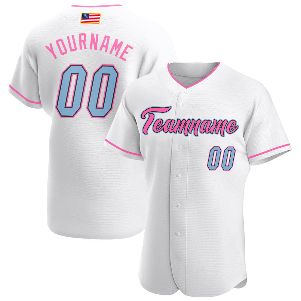 Custom White Light Blue-Pink Authentic American Flag Fashion Baseball Jersey