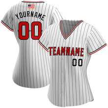 Load image into Gallery viewer, Custom White Black Pinstripe Red-Black Authentic American Flag Fashion Baseball Jersey
