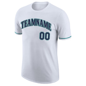 Custom White Navy-Aqua Performance T-Shirt