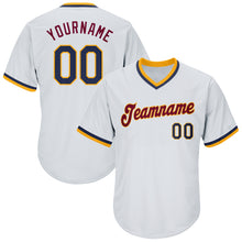 Load image into Gallery viewer, Custom White Navy-Gold Authentic Throwback Rib-Knit Baseball Jersey Shirt
