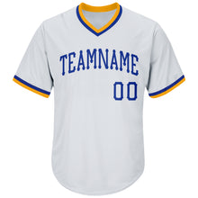 Load image into Gallery viewer, Custom White Royal-Gold Authentic Throwback Rib-Knit Baseball Jersey Shirt
