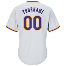 Load image into Gallery viewer, Custom White Purple-Gold Authentic Throwback Rib-Knit Baseball Jersey Shirt
