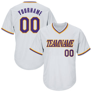 Custom White Purple-Gold Authentic Throwback Rib-Knit Baseball Jersey Shirt