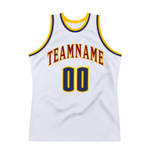 Load image into Gallery viewer, Custom White Navy-Gold Authentic Throwback Basketball Jersey
