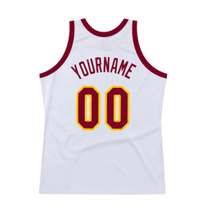 Custom White Maroon-Gold Authentic Throwback Basketball Jersey
