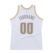 Load image into Gallery viewer, Custom White Steel Gray-Old Gold Authentic Throwback Basketball Jersey
