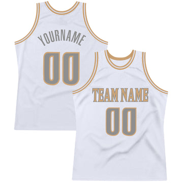 Custom White Steel Gray-Old Gold Authentic Throwback Basketball Jersey