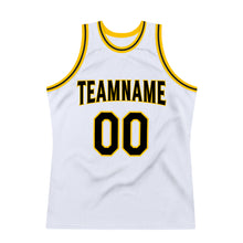 Load image into Gallery viewer, Custom White Black-Gold Authentic Throwback Basketball Jersey
