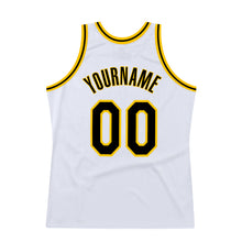 Load image into Gallery viewer, Custom White Black-Gold Authentic Throwback Basketball Jersey
