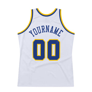 Custom White Royal-Gold Authentic Throwback Basketball Jersey