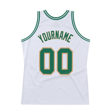 Load image into Gallery viewer, Custom White Kelly Green-Old Gold Authentic Throwback Basketball Jersey
