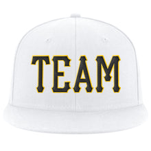 Load image into Gallery viewer, Custom White Black-Gold Stitched Adjustable Snapback Hat
