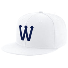 Load image into Gallery viewer, Custom White Navy Stitched Adjustable Snapback Hat
