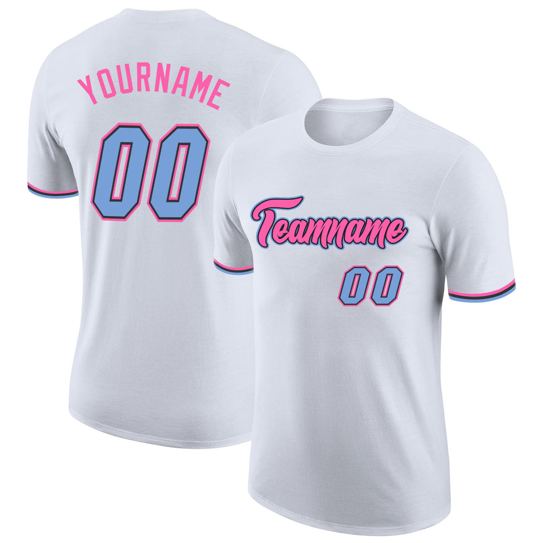 Custom White Light Blue-Pink Performance T-Shirt