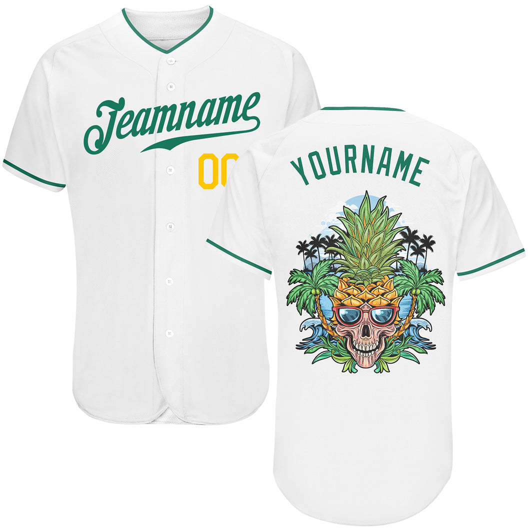 Custom White Kelly Green-Gold Authentic Skull Pineapple Head Baseball Jersey