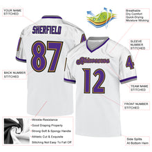 Load image into Gallery viewer, Custom White Purple-Old Gold Mesh Authentic Throwback Football Jersey
