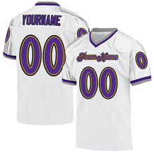 Load image into Gallery viewer, Custom White Purple-Old Gold Mesh Authentic Throwback Football Jersey

