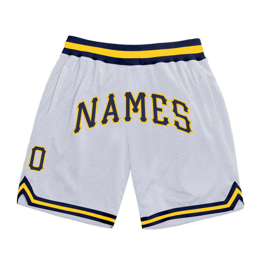 Custom White Navy-Gold Authentic Throwback Basketball Shorts