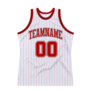 Custom White Red Pinstripe Red-Black Authentic  Basketball Jersey