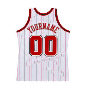Custom White Red Pinstripe Red-Black Authentic  Basketball Jersey