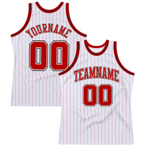 Custom White Red Pinstripe Red-Black Authentic  Basketball Jersey