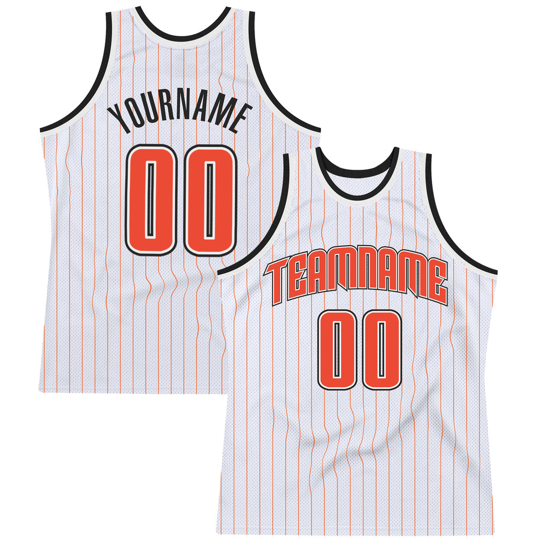 Custom White Orange Pinstripe Orange-Black Authentic  Basketball Jersey