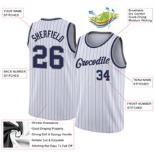 Load image into Gallery viewer, Custom White Navy Pinstripe Navy-Gray Authentic  Basketball Jersey
