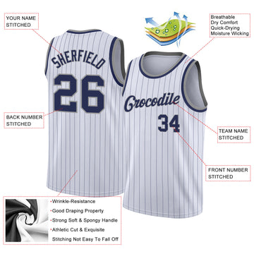 Custom White Navy Pinstripe Navy-Gray Authentic  Basketball Jersey