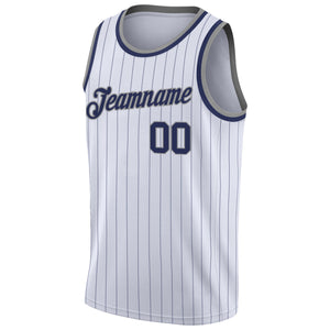 Custom White Navy Pinstripe Navy-Gray Authentic  Basketball Jersey