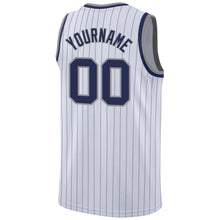 Load image into Gallery viewer, Custom White Navy Pinstripe Navy-Gray Authentic  Basketball Jersey
