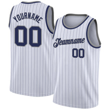 Load image into Gallery viewer, Custom White Navy Pinstripe Navy-Gray Authentic  Basketball Jersey
