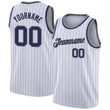 Load image into Gallery viewer, Custom White Navy Pinstripe Navy-Gray Authentic Throwback Basketball Jersey
