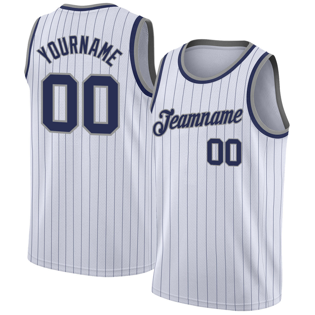 Custom White Navy Pinstripe Navy-Gray Authentic  Basketball Jersey