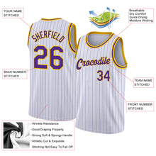 Load image into Gallery viewer, Custom White Purple Pinstripe Purple-Gold Authentic  Basketball Jersey
