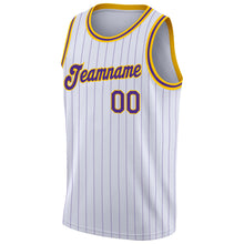 Load image into Gallery viewer, Custom White Purple Pinstripe Purple-Gold Authentic  Basketball Jersey
