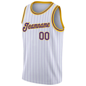 Custom White Purple Pinstripe Purple-Gold Authentic  Basketball Jersey