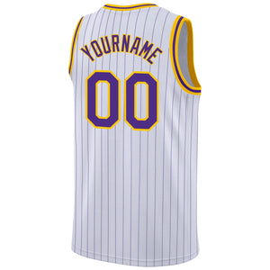 Custom White Purple Pinstripe Purple-Gold Authentic  Basketball Jersey