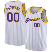 Load image into Gallery viewer, Custom White Purple Pinstripe Purple-Gold Authentic Throwback Basketball Jersey
