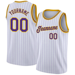 Custom White Purple Pinstripe Purple-Gold Authentic  Basketball Jersey