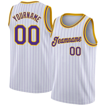 Custom White Purple Pinstripe Purple-Gold Authentic  Basketball Jersey