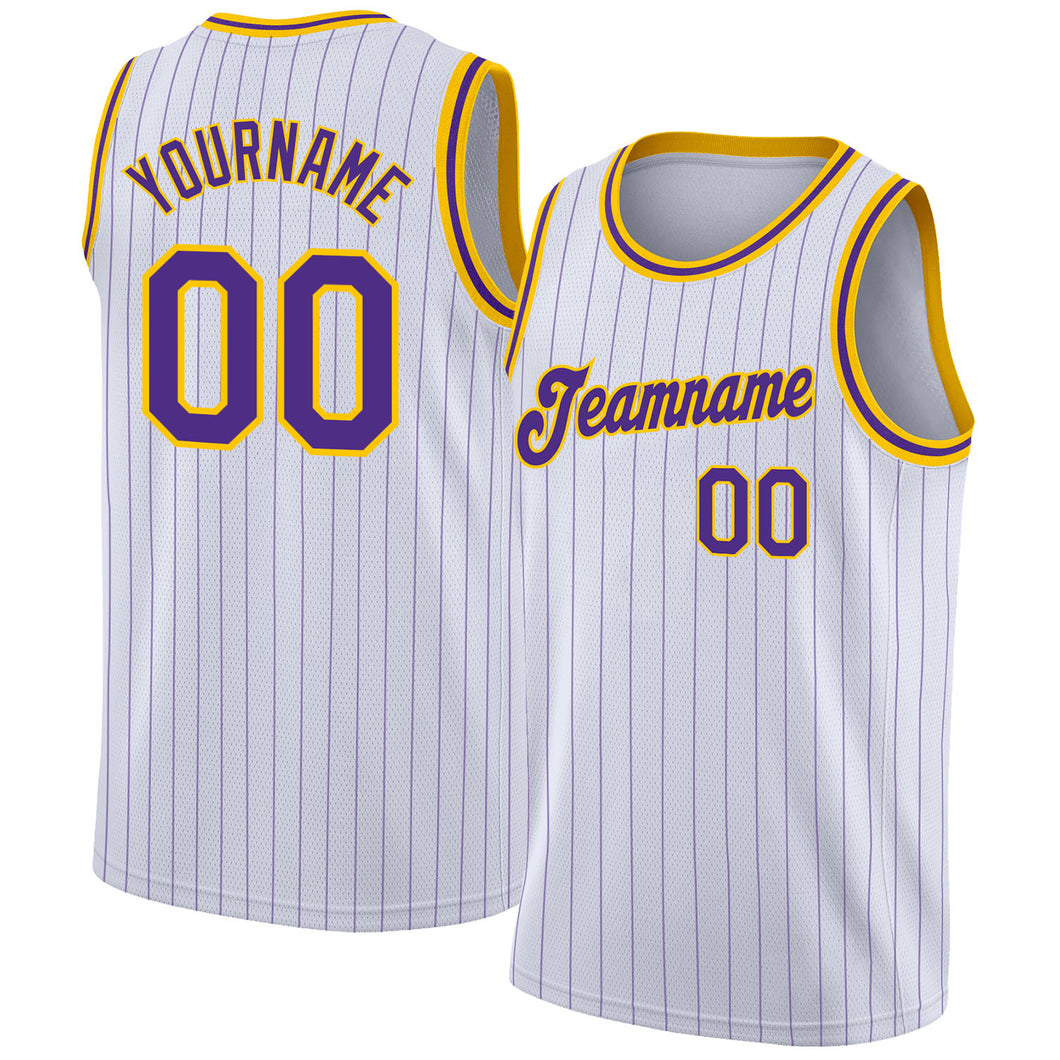 Custom White Purple Pinstripe Purple-Gold Authentic  Basketball Jersey