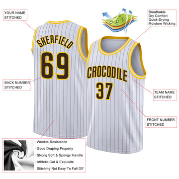 Custom White Brown Pinstripe Brown-Gold Authentic  Basketball Jersey
