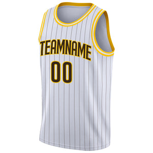 Custom White Brown Pinstripe Brown-Gold Authentic Throwback Basketball Jersey