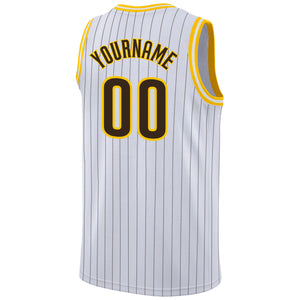 Custom White Brown Pinstripe Brown-Gold Authentic Throwback Basketball Jersey