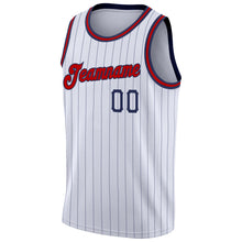 Load image into Gallery viewer, Custom White Navy Pinstripe Red-Navy Authentic Basketball Jersey
