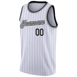 Custom White Purple Pinstripe Black-Gray Authentic Basketball Jersey